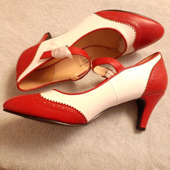 angel steps Shoes - Red and White Spectator Mary Jane Pointed Toe Heel Pumps